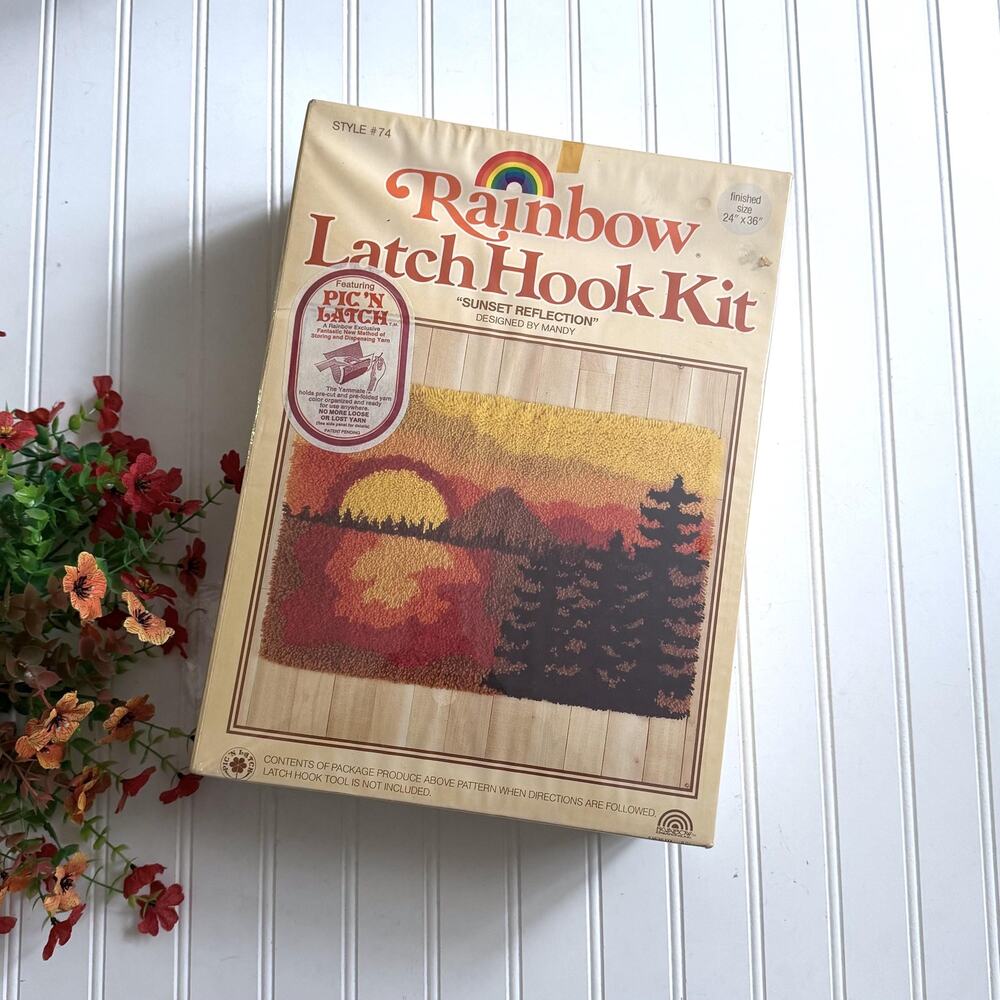 Vintage Rainbow Latch Hook Rug Kit Sunset Reflection Grannycore New Old Stock